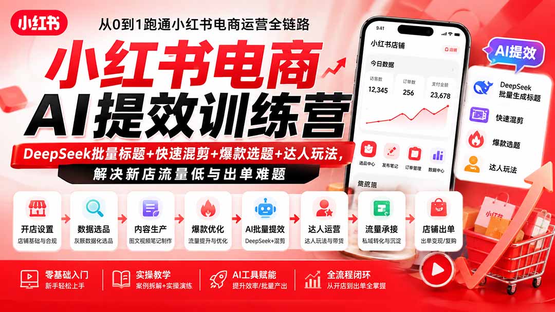 小红书电商AI提效训练营—DeepSeek批量标题+快速混剪+爆款选题+达人玩法，解决新店流量低与出单难题-亿起创业网-副业兼职月入过万-自媒体、引流推广、网赚项目、短视频、技术教程等创业项目资源