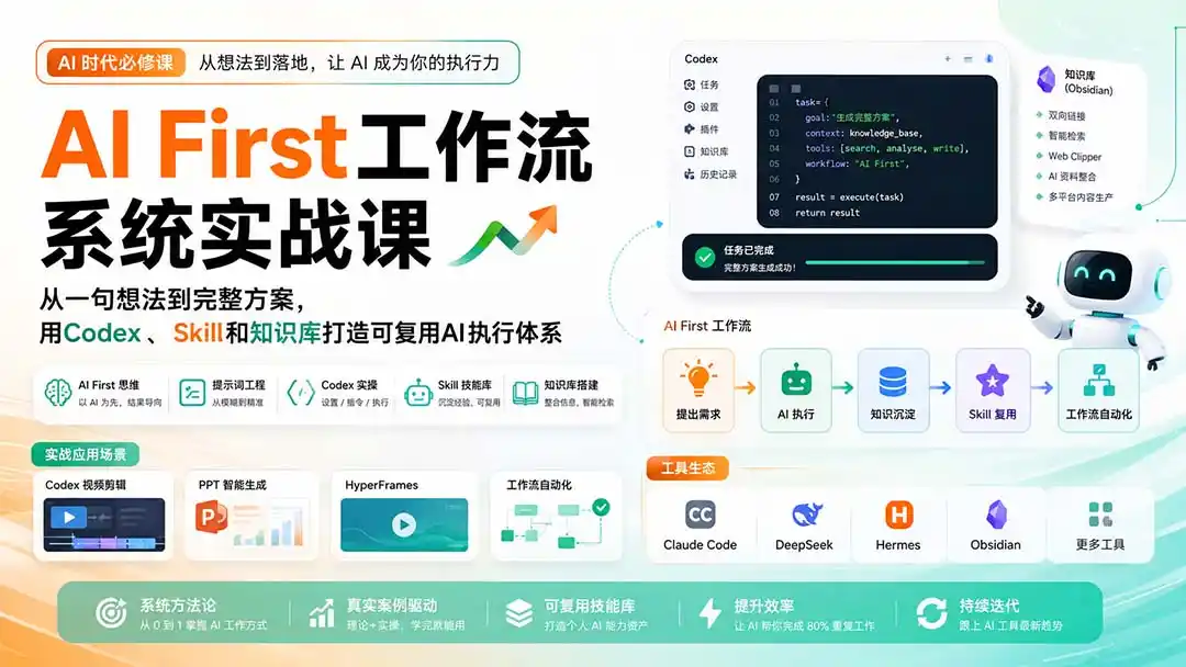 AI First工作流系统实战课：从一句想法到完整方案，用Codex、Skill和知识库打造可复用AI执行体系-亿起创业网-副业兼职月入过万-自媒体、引流推广、网赚项目、短视频、技术教程等创业项目资源