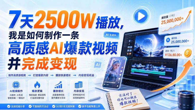 7天2500W播放，我是如何制作一条高质感AI爆款视频并完成变现-亿起创业网-副业兼职月入过万-自媒体、引流推广、网赚项目、短视频、技术教程等创业项目资源