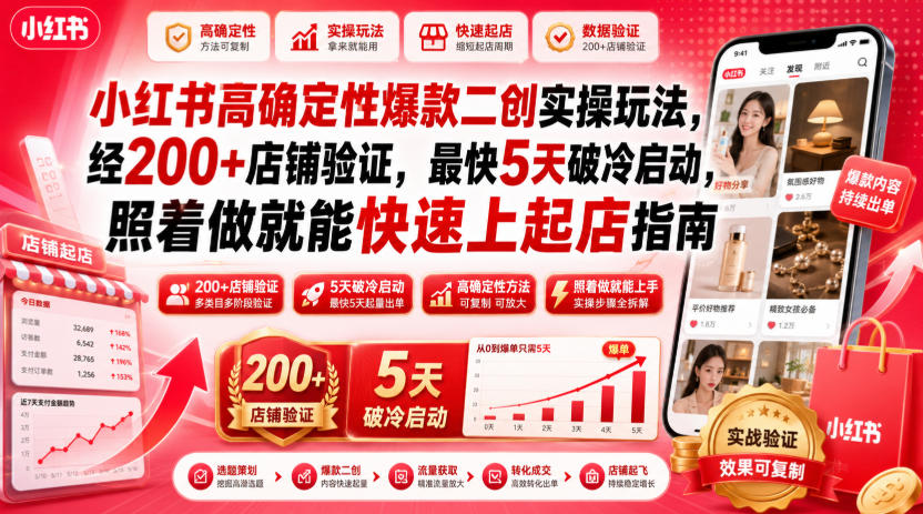 小红书高确定性爆款二创实操玩法，经200+店铺验证，最快5天破冷启动，照着做就能快速上起店指南-亿起创业网-副业兼职月入过万-自媒体、引流推广、网赚项目、短视频、技术教程等创业项目资源