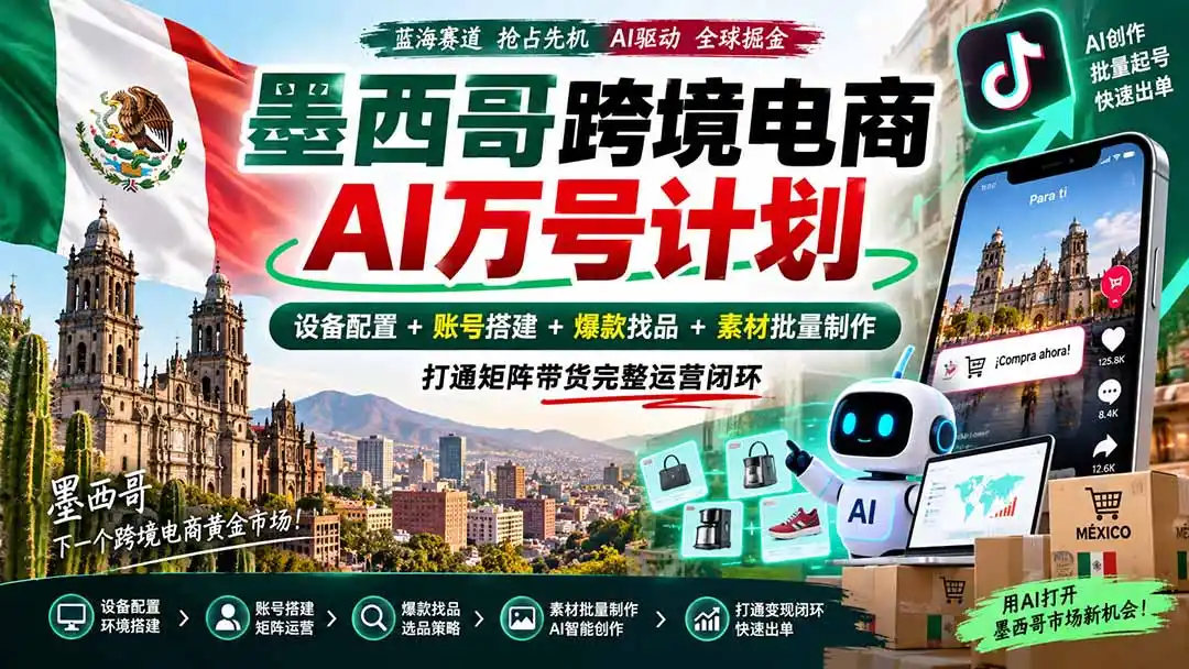 墨西哥AI跨境电商万号计划｜设备配置+账号搭建+爆款找品+素材批量制作，打通矩阵带货完整运营闭环-亿起创业网-副业兼职月入过万-自媒体、引流推广、网赚项目、短视频、技术教程等创业项目资源