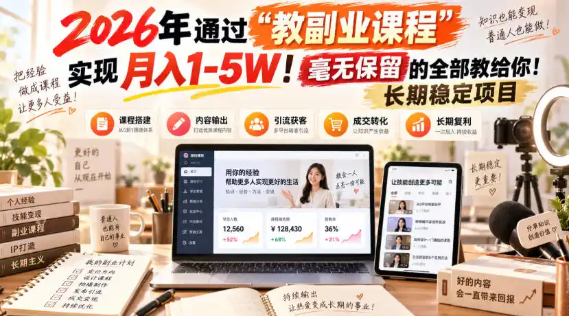 2026年通过“教副业课程”实现月入1-5W！毫无保留的全部教给你！长期稳定项目-亿起创业网-副业兼职月入过万-自媒体、引流推广、网赚项目、短视频、技术教程等创业项目资源