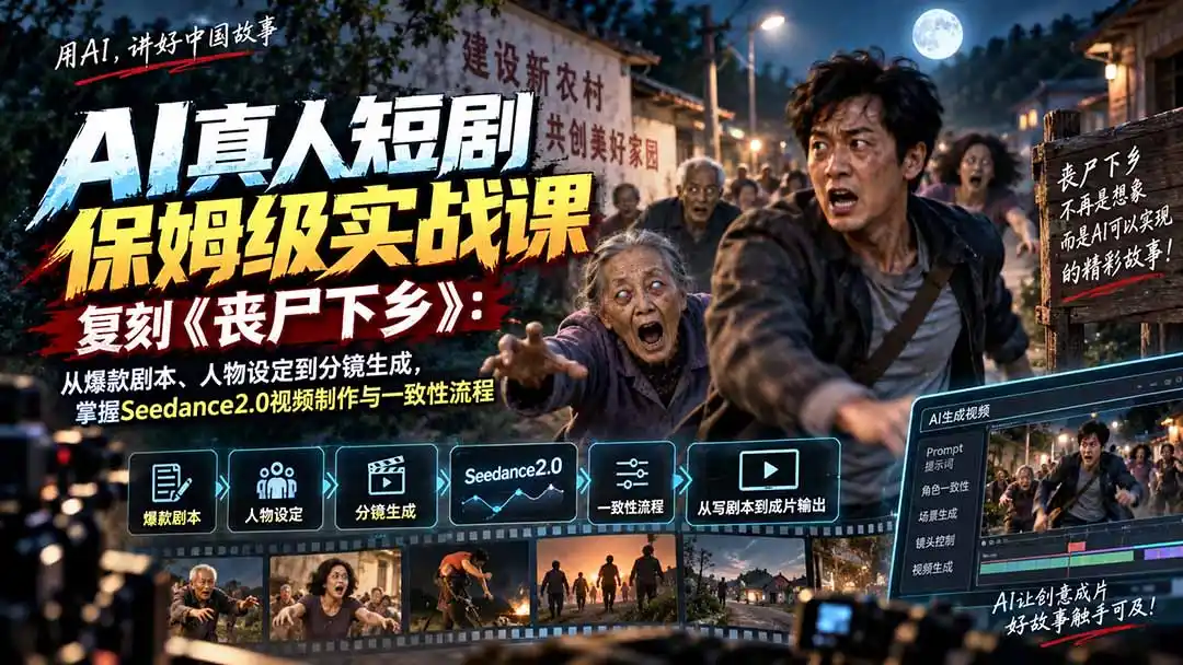 AI真人短剧保姆级实战课,复刻《丧尸下乡》:从爆款剧本、人物设定到分镜生成,掌握Seedance2.0视频制作与一致性流程 AI真人短剧保姆级实战课,复刻《丧尸下乡》:从爆款剧本、人物设定到分镜生成,掌握Seedance2.0视频制作与一致性流程