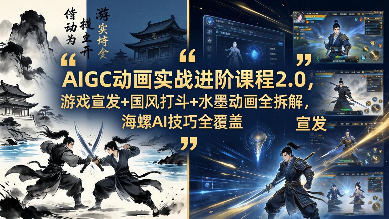 AIGC动画实战进阶课程2.0，游戏宣发+国风打斗+水墨动画全拆解，海螺AI技巧全覆盖-亿起创业网-副业兼职月入过万-自媒体、引流推广、网赚项目、短视频、技术教程等创业项目资源