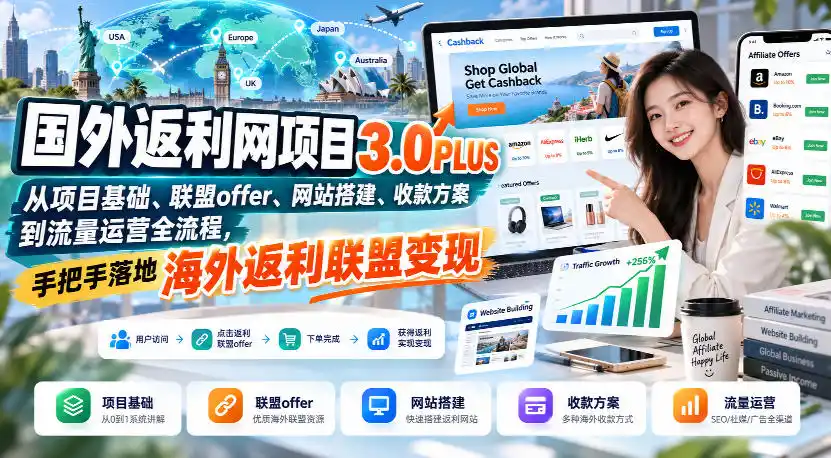 国外返利网项目3.0PLUS，从项目基础、联盟offer、网站搭建、收款方案到流量运营全流程，手把手落地海外返利联盟变现-亿起创业网-副业兼职月入过万-自媒体、引流推广、网赚项目、短视频、技术教程等创业项目资源