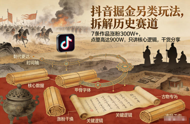 抖音掘金另类玩法，拆解历史赛道，7条作品涨粉300W+，点赞量高达900W，只讲核心逻辑，干货分享-亿佰盟网
