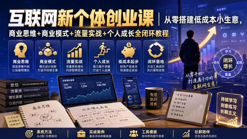 互联网新个体创业课｜从零搭建低成本小生意，商业思维+商业模式+流量实战+个人成长全闭环教程(更新0922)-亿起创业网-副业兼职月入过万-自媒体、引流推广、网赚项目、短视频、技术教程等创业项目资源