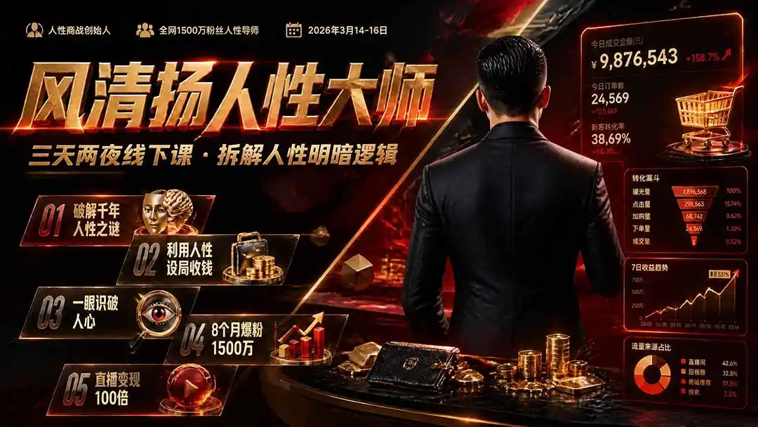 风清扬人性大师-三天两夜3月14-16线下课2026年｜拆解人性明暗逻辑，识人避坑，千万粉涨粉+直播百倍变现实战教学-亿起创业网-副业兼职月入过万-自媒体、引流推广、网赚项目、短视频、技术教程等创业项目资源