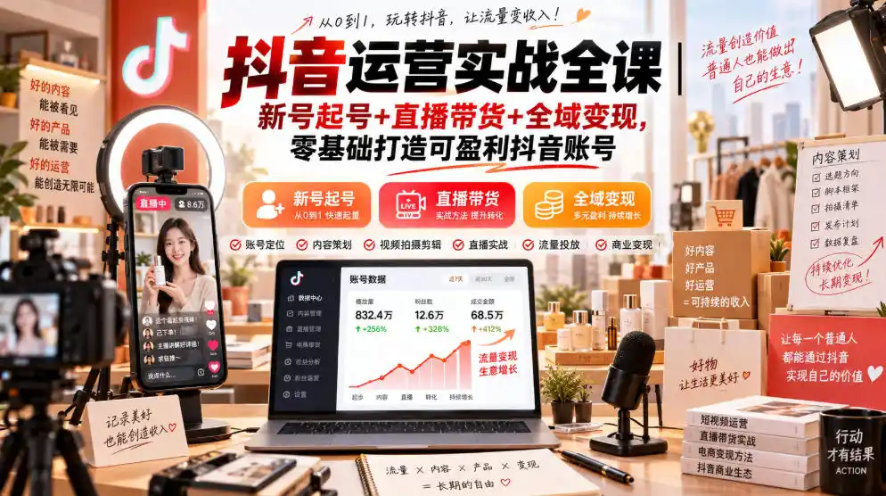 抖音运营实战全课｜新号起号+直播带货+全域变现，零基础打造可盈利抖音账号-亿起创业网-副业兼职月入过万-自媒体、引流推广、网赚项目、短视频、技术教程等创业项目资源