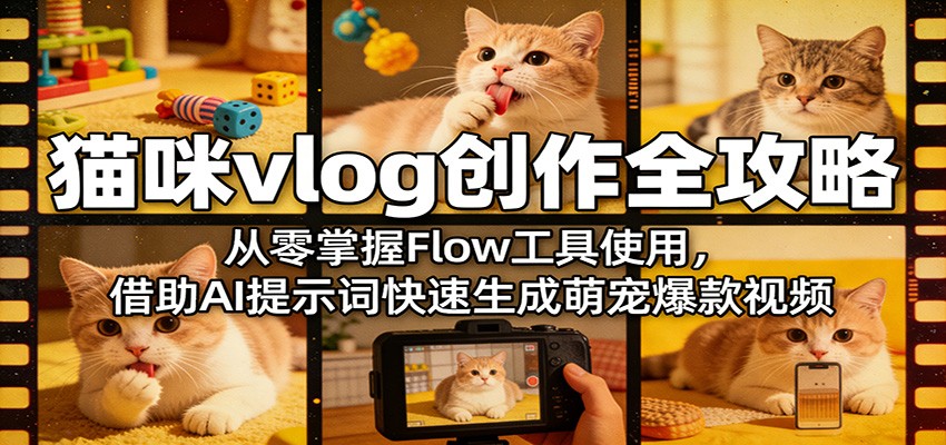 猫咪vlog创作全攻略：从零掌握Flow工具使用，借助AI提示词快速生成萌宠爆款视频-亿起创业网-副业兼职月入过万-自媒体、引流推广、网赚项目、短视频、技术教程等创业项目资源