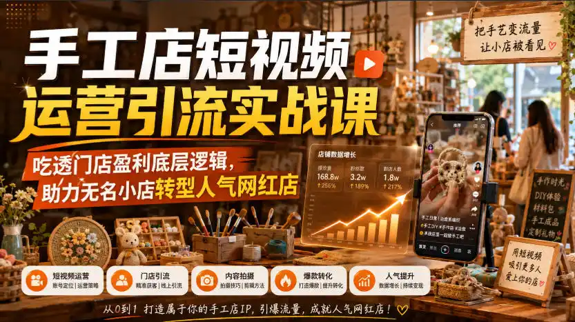 手工店短视频运营引流实战课,吃透门店盈利底层逻辑,助力无名小店转型人气网红店-亿起创业网-副业兼职月入过万-自媒体、引流推广、网赚项目、短视频、技术教程等创业项目资源
