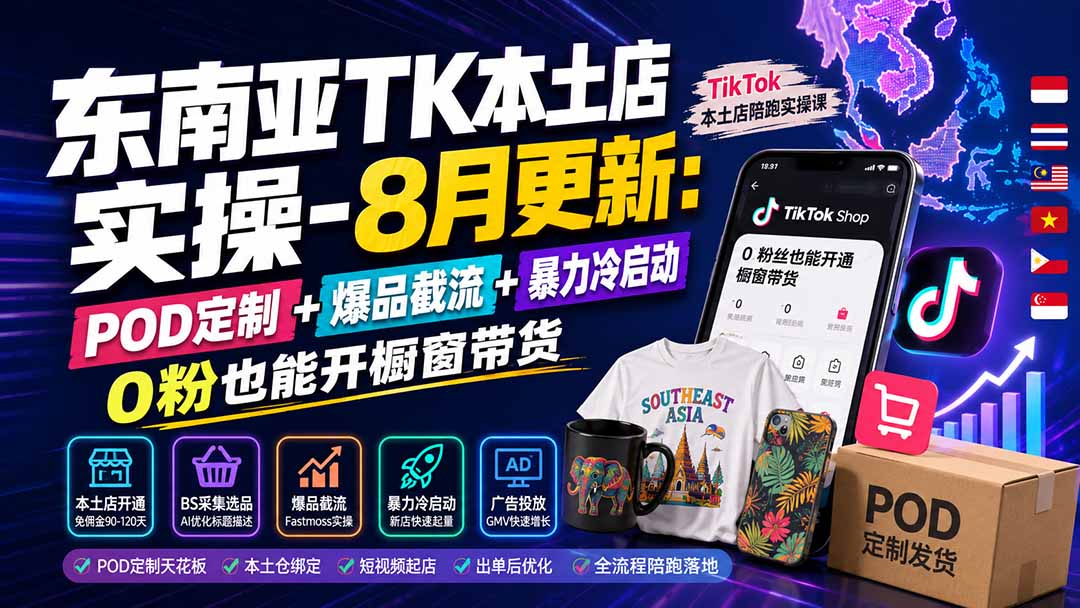 东南亚TK本土店实操-8月更新：POD定制+爆品截流+暴力冷启动，0粉也能开橱窗带货-亿起创业网-副业兼职月入过万-自媒体、引流推广、网赚项目、短视频、技术教程等创业项目资源