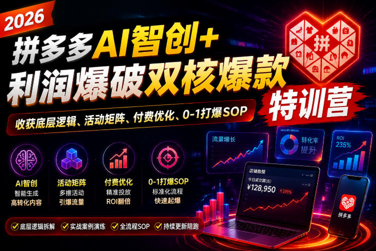 2026拼多多AI智创+利润爆破双核爆款特训营，收获底层逻辑、活动矩阵、付费优化、0-1打爆SOP-亿起创业网-副业兼职月入过万-自媒体、引流推广、网赚项目、短视频、技术教程等创业项目资源