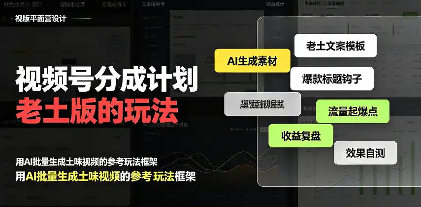 视频号分成计划老土版的玩法，流量爆炸，每天收益300+，纯靠AI生成，越土的玩法，越高级-亿起创业网-副业兼职月入过万-自媒体、引流推广、网赚项目、短视频、技术教程等创业项目资源