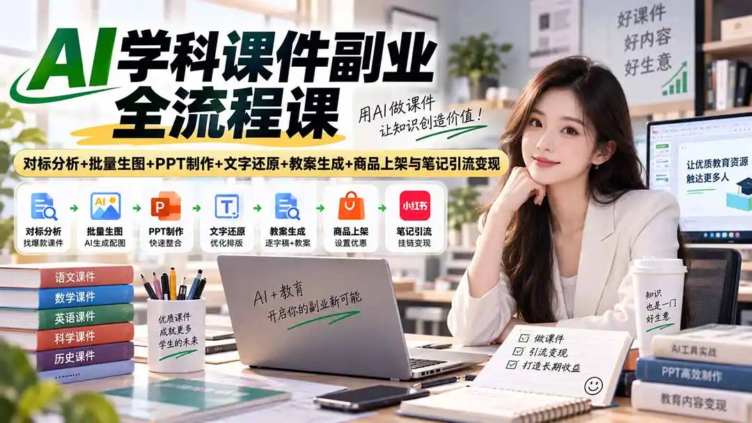 AI学科课件副业全流程课｜对标分析+批量生图+PPT制作+文字还原+教案生成+商品上架与笔记引流变现-亿起创业网-副业兼职月入过万-自媒体、引流推广、网赚项目、短视频、技术教程等创业项目资源