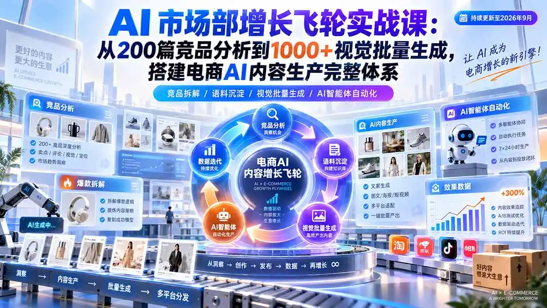 AI 市场部增长飞轮实战课：从200篇竞品分析到1000+视觉批量生成，搭建电商AI内容生产完整体系-亿起创业网-副业兼职月入过万-自媒体、引流推广、网赚项目、短视频、技术教程等创业项目资源