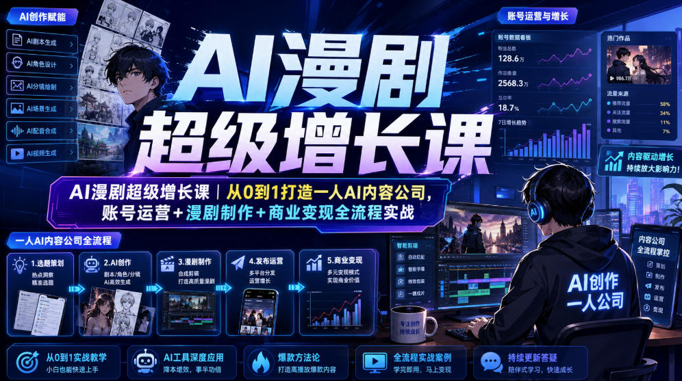 AI漫剧超级增长课｜从0到1打造一人AI内容公司，账号运营+漫剧制作+商业变现全流程实战-亿起创业网-副业兼职月入过万-自媒体、引流推广、网赚项目、短视频、技术教程等创业项目资源