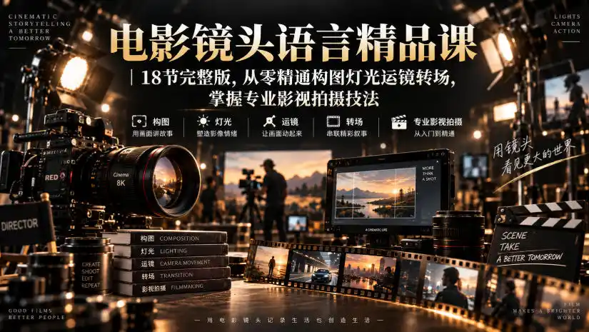 电影镜头语言精品课｜18节完整版，从零精通构图灯光运镜转场，掌握专业影视拍摄技法-亿起创业网-副业兼职月入过万-自媒体、引流推广、网赚项目、短视频、技术教程等创业项目资源