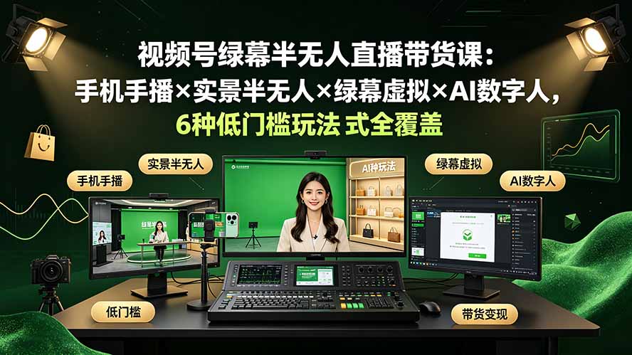 视频号绿幕半无人直播带货课:手机手播×实景半无人×绿幕虚拟×AI数字人,6种低门槛玩法全覆盖-亿起创业网-副业兼职月入过万-自媒体、引流推广、网赚项目、短视频、技术教程等创业项目资源