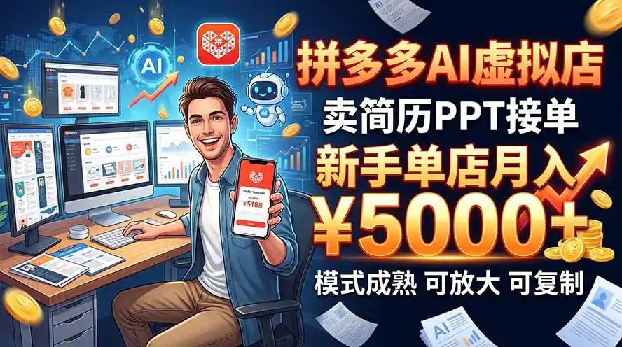 开一家拼多多虚拟店，用AI卖简历PPT，单店月入1w+，可放大-亿起创业网-副业兼职月入过万-自媒体、引流推广、网赚项目、短视频、技术教程等创业项目资源
