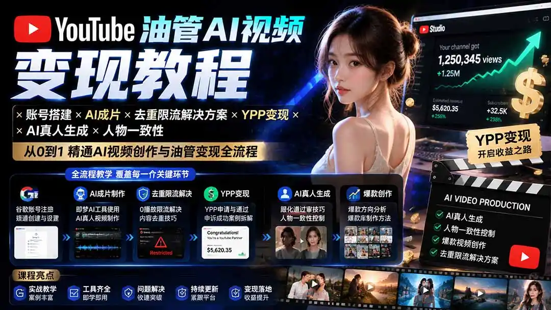 YouTube油管AI视频变现教程：账号搭建×AI成片×去重限流解决方案×YPP变现×AI真人生成×人物一致性-亿起创业网-副业兼职月入过万-自媒体、引流推广、网赚项目、短视频、技术教程等创业项目资源