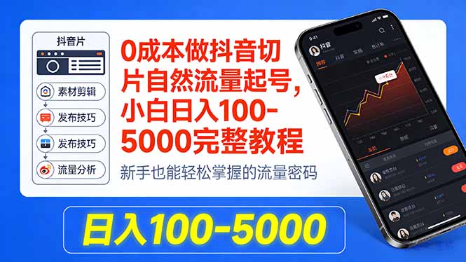 0成本做抖音切片自然流量起号，小白日入100-5000完整教程-亿起创业网-副业兼职月入过万-自媒体、引流推广、网赚项目、短视频、技术教程等创业项目资源