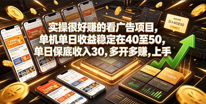 实操很好賺的看广告项目，单机单日收益稳定在40至50，单日保底收入30，多开多賺，上手就能变现【揭秘】-亿起创业网-副业兼职月入过万-自媒体、引流推广、网赚项目、短视频、技术教程等创业项目资源