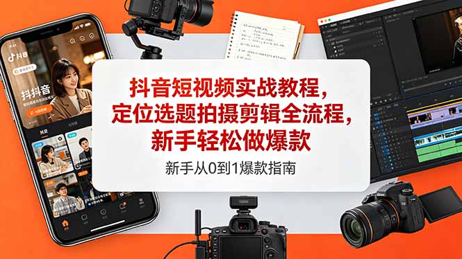 抖音短视频实战教程，定位选题拍摄剪辑全流程，新手轻松做爆款-亿起创业网-副业兼职月入过万-自媒体、引流推广、网赚项目、短视频、技术教程等创业项目资源