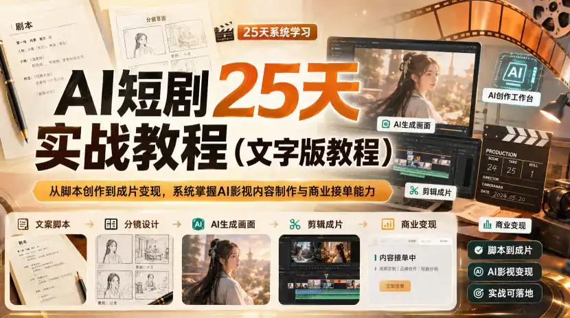 AI短剧25天实战教程(文字版教程)，从脚本创作到成片变现，系统掌握AI影视内容制作与商业接单能力-亿起创业网-副业兼职月入过万-自媒体、引流推广、网赚项目、短视频、技术教程等创业项目资源