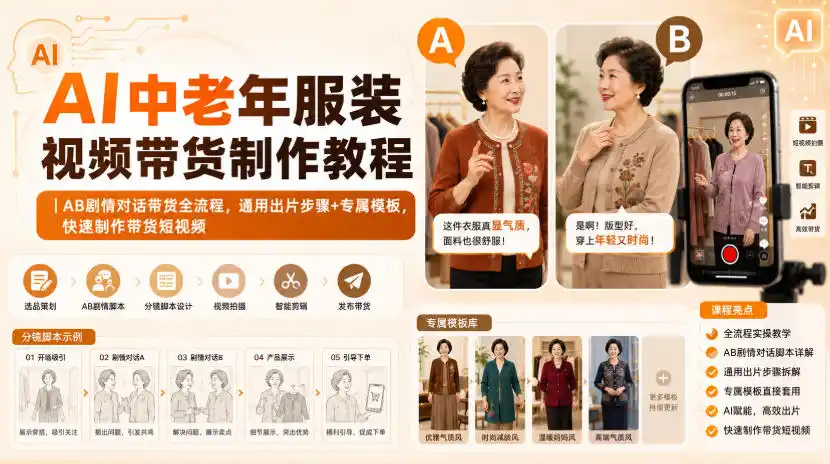 AI中老年服装视频带货制作教程｜AB剧情对话带货全流程，通用出片步骤+专属模板，快速制作带货短视频-亿起创业网-副业兼职月入过万-自媒体、引流推广、网赚项目、短视频、技术教程等创业项目资源