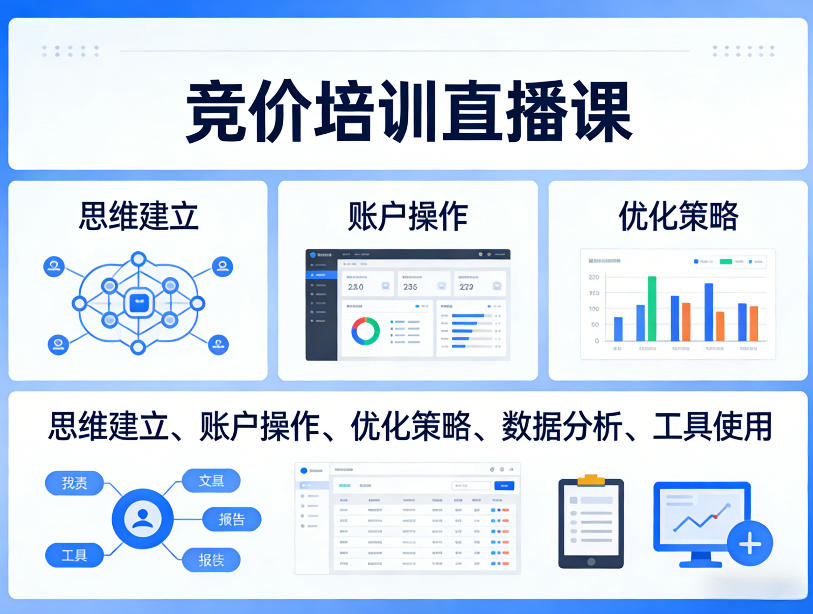 竞价培训直播课，覆盖思维建立、账户操作、优化策略、数据分析、工具使用等，全方位提升效果-亿佰盟网