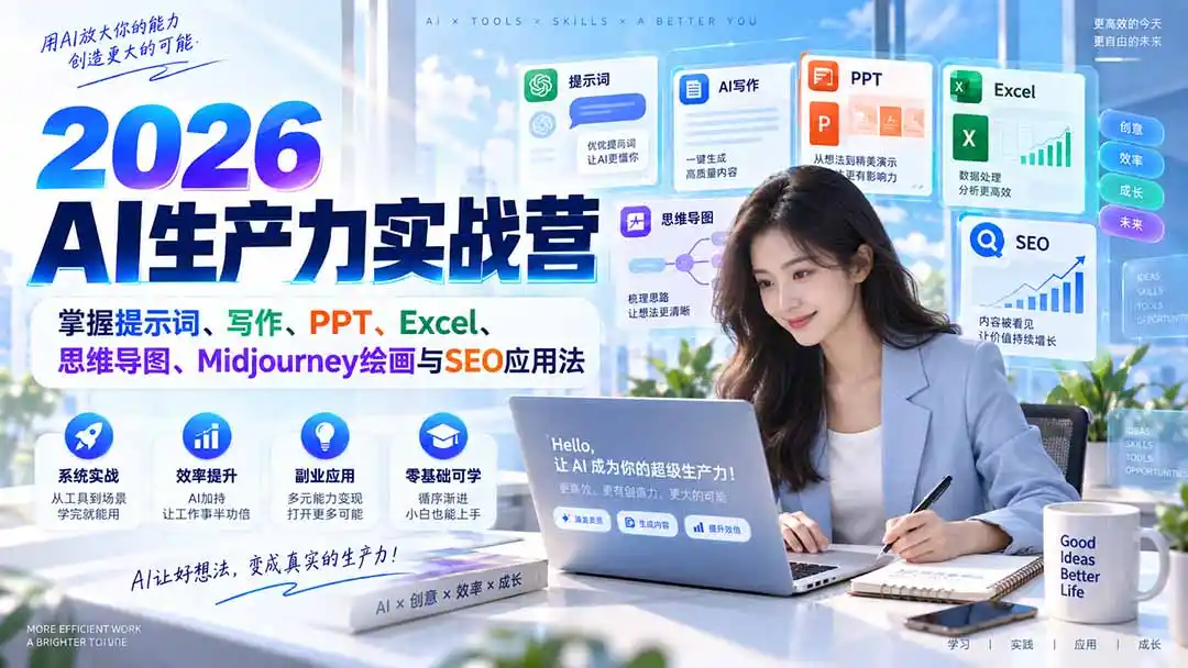 2026AI生产力实战营：掌握提示词、写作、PPT、Excel、思维导图、Midjourney绘画与SEO应用法-亿起创业网-副业兼职月入过万-自媒体、引流推广、网赚项目、短视频、技术教程等创业项目资源