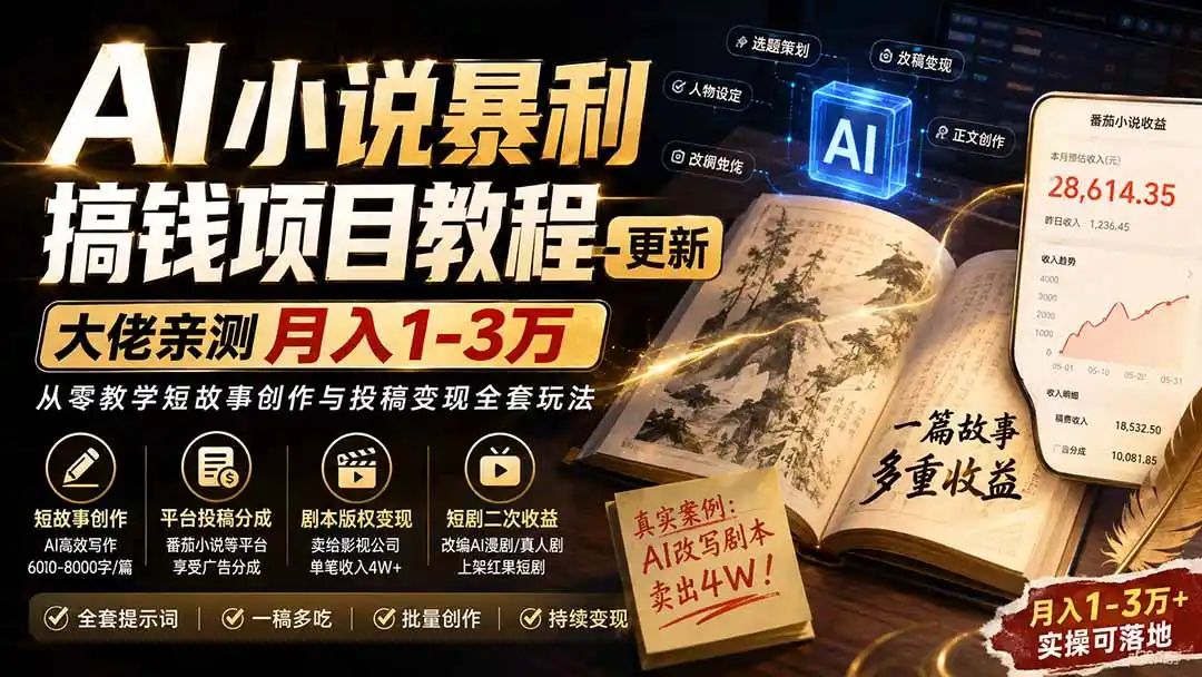 AI小说短故事暴利搞钱项目教程-更新，大佬亲测月入1-3万，从零教学短故事创作与投稿变现全套玩法-亿起创业网-副业兼职月入过万-自媒体、引流推广、网赚项目、短视频、技术教程等创业项目资源