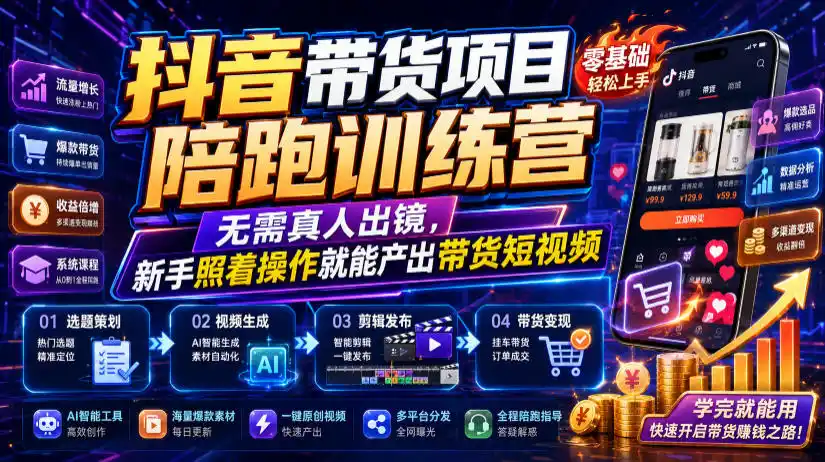 抖音带货项目陪跑训练营，无需真人出镜，新手照着操作就能产出带货短视频(更新0811)-亿起创业网-副业兼职月入过万-自媒体、引流推广、网赚项目、短视频、技术教程等创业项目资源
