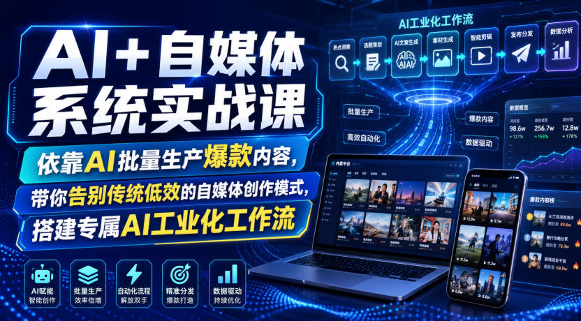 AI+自媒体系统实战课，依靠AI批量生产爆款内容，带你告别传统低效的自媒体创作模式，搭建专属AI工业化工作流-亿起创业网-副业兼职月入过万-自媒体、引流推广、网赚项目、短视频、技术教程等创业项目资源