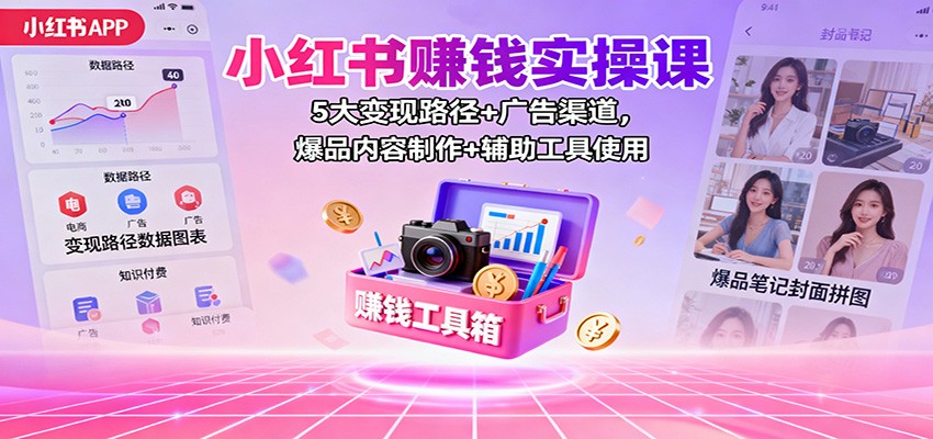 小红书赚钱实操课：5大变现路径+广告渠道，爆品内容制作+辅助工具使用-亿佰盟网