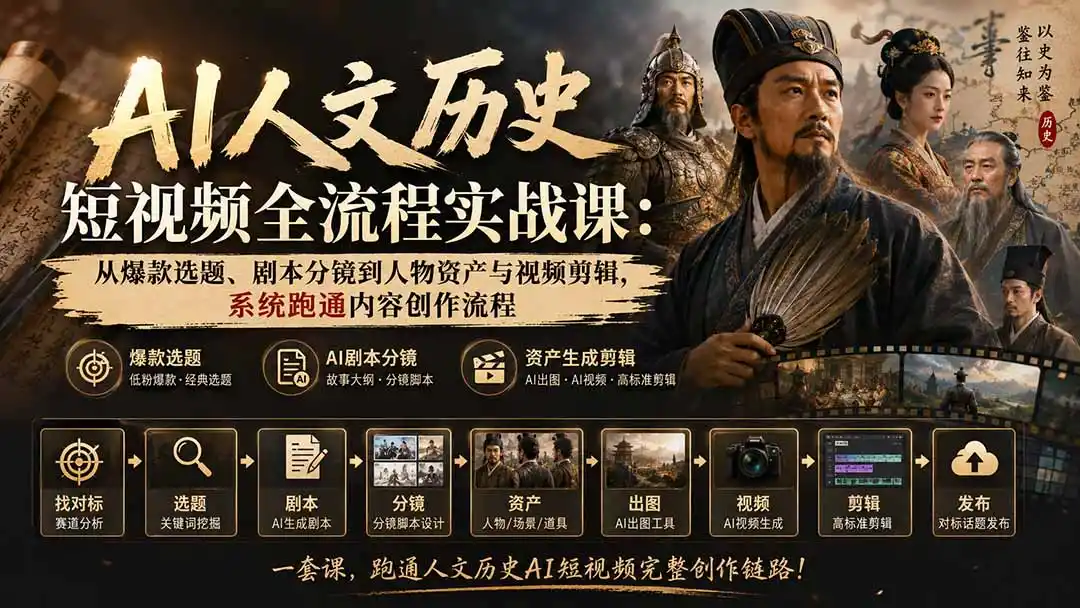 AI人文历史短视频全流程实战课-更新:从爆款选题、剧本分镜到人物资产与视频剪辑,系统跑通内容创作流程 AI人文历史短视频全流程实战课-更新:从爆款选题、剧本分镜到人物资产与视频剪辑,系统跑通内容创作流程