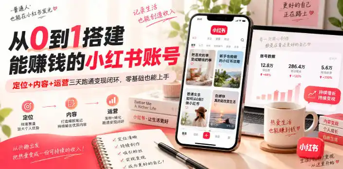 从0到1搭建能賺钱的小红书账号，定位+内容+运营三天跑通变现闭环-亿起创业网-副业兼职月入过万-自媒体、引流推广、网赚项目、短视频、技术教程等创业项目资源