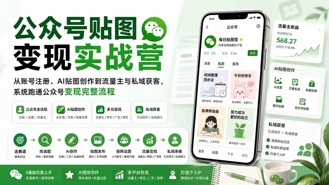 公众号贴图变现实战营：从账号注册、AI贴图创作到流量主与私域获客，系统跑通公众号变现完整流程