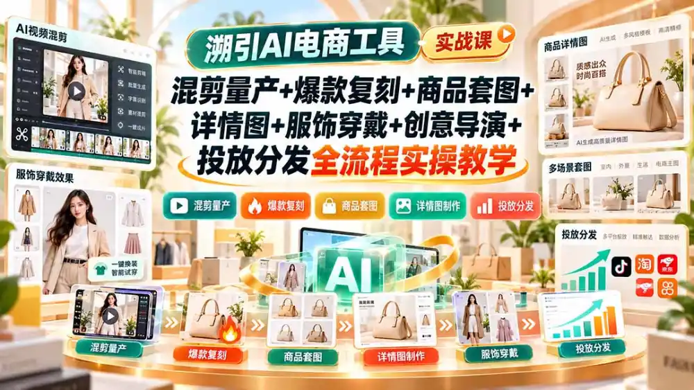 溯引AI电商工具实战课：混剪量产+爆款复刻+商品套图+详情图+服饰穿戴+创意导演+投放分发全流程实操教学-亿起创业网-副业兼职月入过万-自媒体、引流推广、网赚项目、短视频、技术教程等创业项目资源