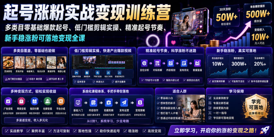 苗子起号涨粉实战变现训练营，多类目零基础爆款起号、精准起号节奏、新手稳涨粉可落地变现全课-亿起创业网-副业兼职月入过万-自媒体、引流推广、网赚项目、短视频、技术教程等创业项目资源