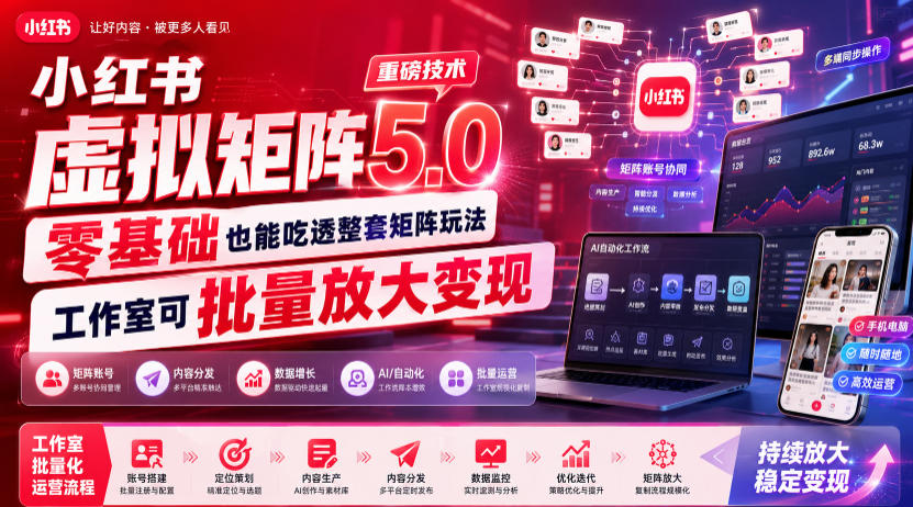 小红书虚拟矩阵5.0重磅技术，零基础也能吃透整套矩阵玩法，工作室可批量放大变现-亿起创业网-副业兼职月入过万-自媒体、引流推广、网赚项目、短视频、技术教程等创业项目资源