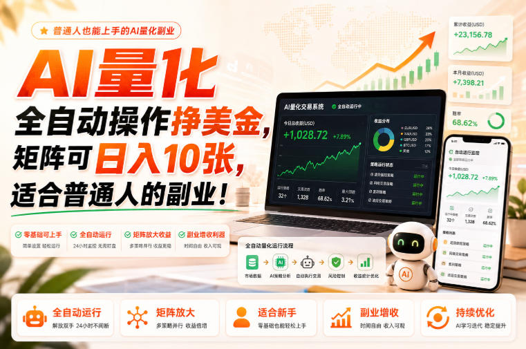 AI量化全自动操作挣美金，矩阵可日入10张，适合普通人的副业！【揭秘】-亿起创业网-副业兼职月入过万-自媒体、引流推广、网赚项目、短视频、技术教程等创业项目资源