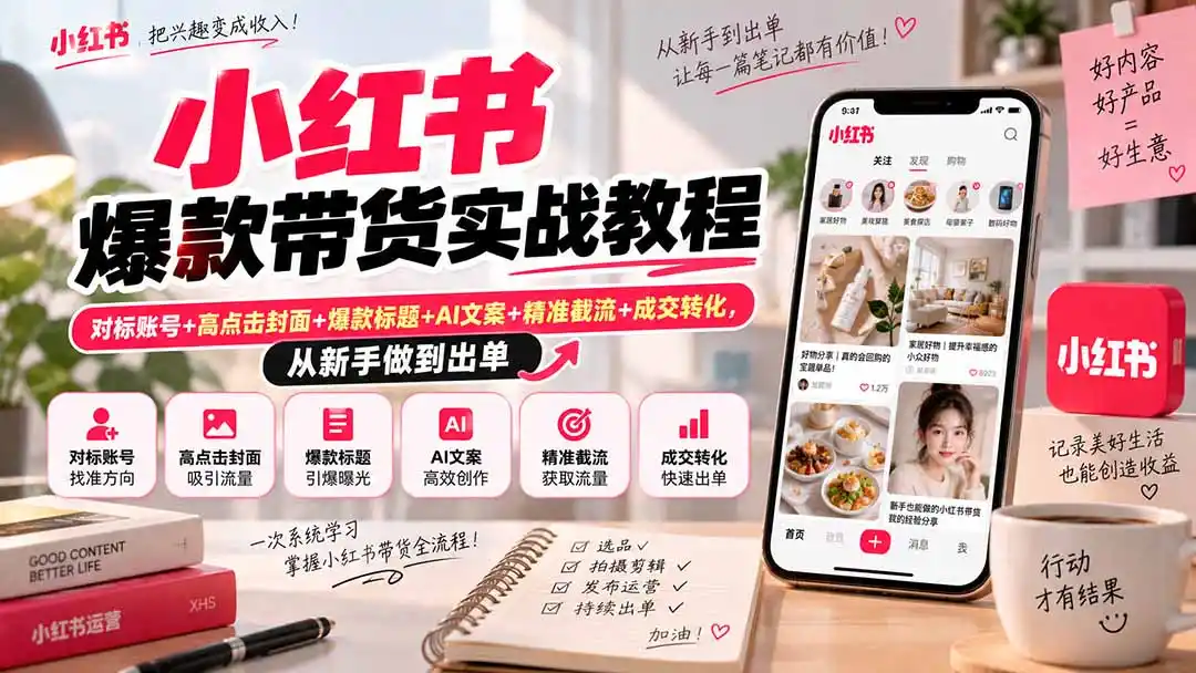 小红书爆款带货实战教程|对标账号+高点击封面+爆款标题+AI文案+精准截流+成交转化,从新手做到出单 小红书爆款带货实战教程|对标账号+高点击封面+爆款标题+AI文案+精准截流+成交转化,从新手做到出单