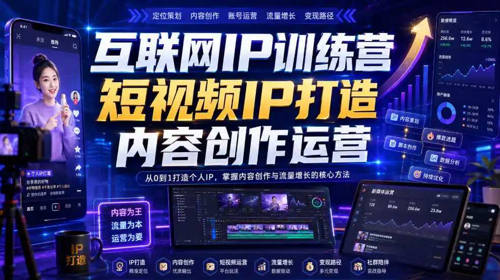互联网IP训练营，短视频IP打造，内容创作运营-亿起创业网-副业兼职月入过万-自媒体、引流推广、网赚项目、短视频、技术教程等创业项目资源