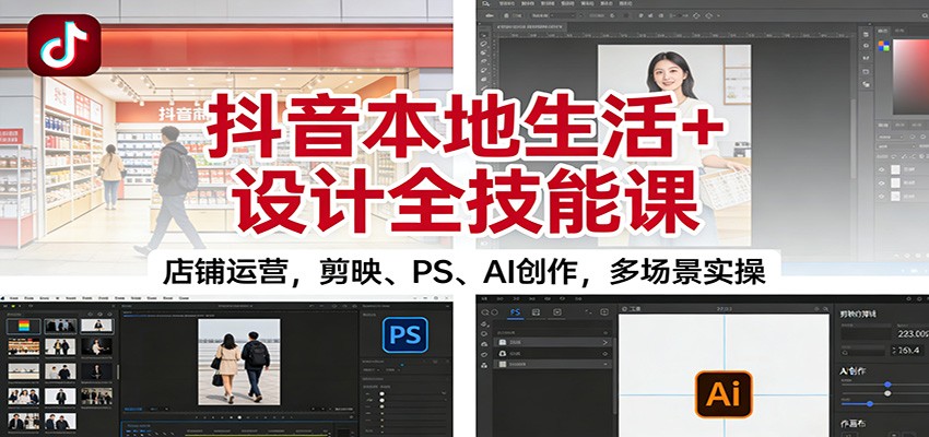 抖音本地生活+设计全技能课：店铺运营，剪映、PS、AI创作，多场景实操-亿佰盟网