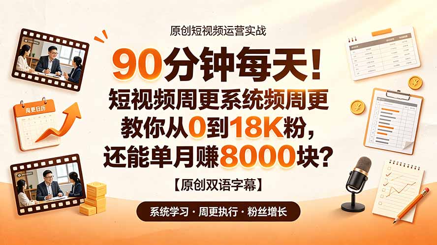 90 分钟每天！短视频周更系统教你从 0 到 18K 粉，还能单月赚 8000 块？【原创双语字幕】-亿起创业网-副业兼职月入过万-自媒体、引流推广、网赚项目、短视频、技术教程等创业项目资源