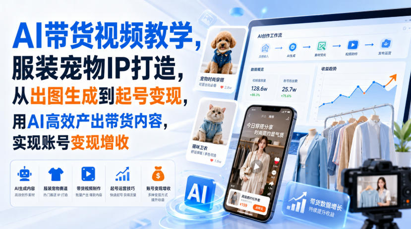 AI带货视频教学,服装宠物IP打造,从出图生成到起号变现,用AI高效产出带货内容,实现账号变现增收-亿起创业网-副业兼职月入过万-自媒体、引流推广、网赚项目、短视频、技术教程等创业项目资源