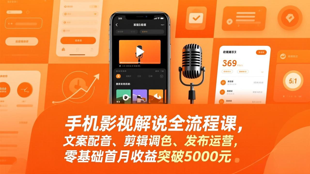 手机影视解说全流程课，文案配音、剪辑调色、发布运营，零基础首月收益突破5000元-亿佰盟网