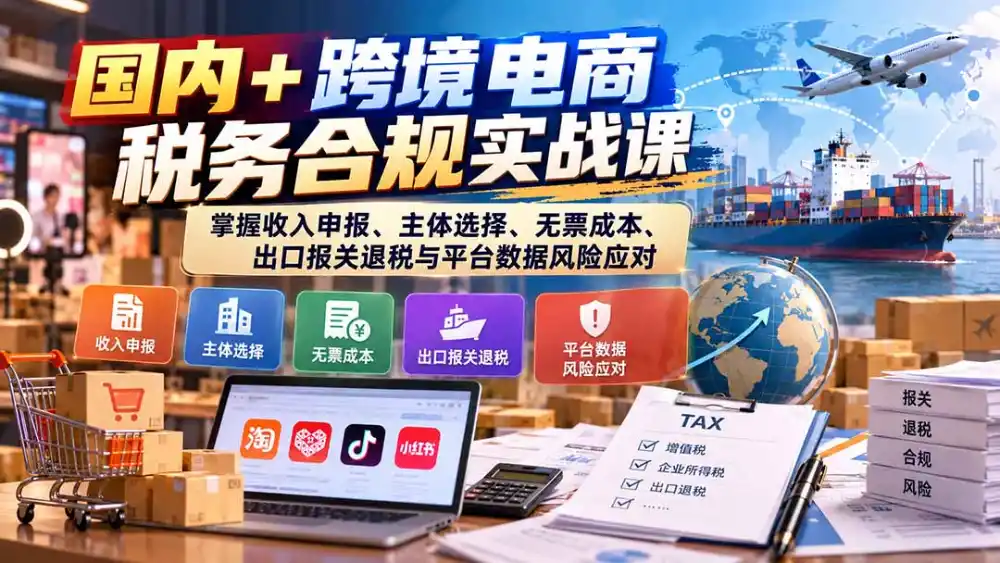 国内+跨境电商税务合规实战课：掌握收入申报、主体选择、无票成本、出口报关退税与平台数据风险应对-亿起创业网-副业兼职月入过万-自媒体、引流推广、网赚项目、短视频、技术教程等创业项目资源